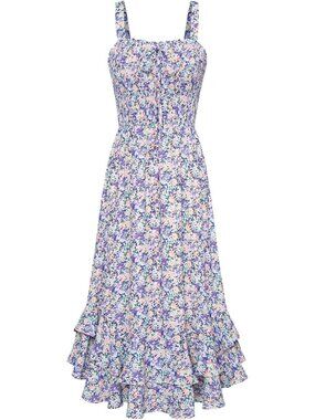 Women's Purple Floral Square Neck Strapped A LINE Floral Boho Long Maxi Dress